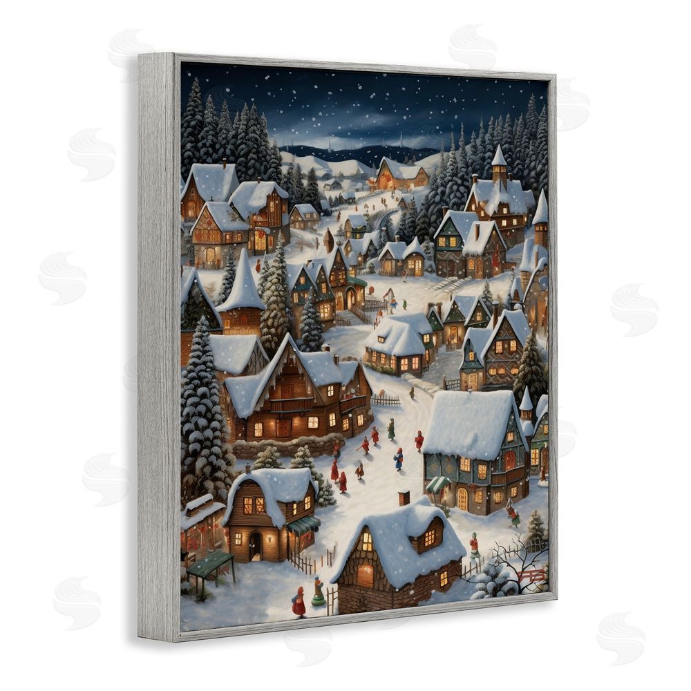 RB Snowy Christmas Village Gray Framed Giclee Wall Art Print