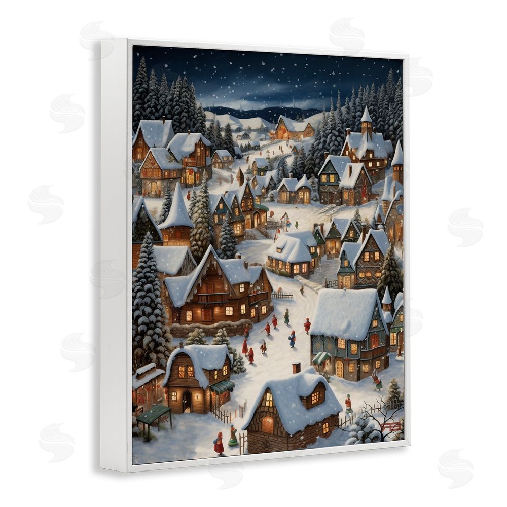 RB Snowy Christmas Village White Framed Giclee Wall Art Print