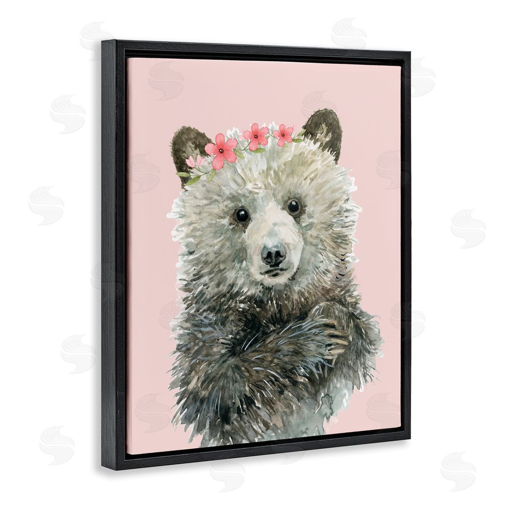 Carol Robinson Fuzzy Bear with Floral Crown Black Floating Frame Canvas Wall Art Print