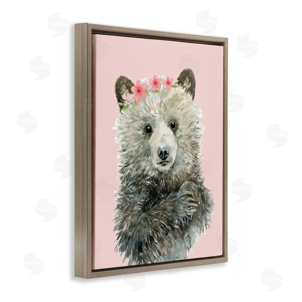 Carol Robinson Fuzzy Bear with Floral Crown Brown Floating Frame Canvas Wall Art Print