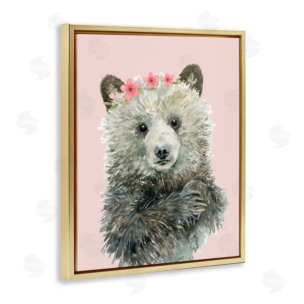 Carol Robinson Fuzzy Bear with Floral Crown Gold Floating Frame Canvas Wall Art Print