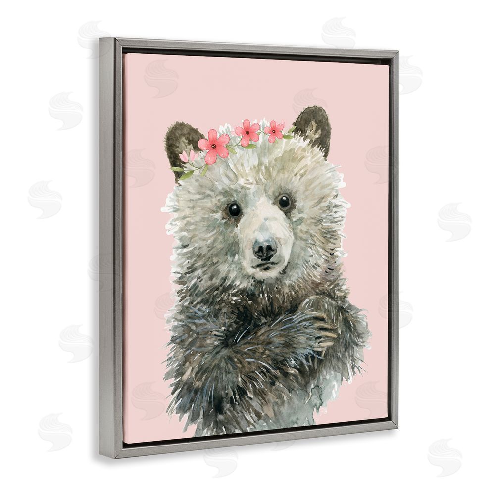 Carol Robinson Fuzzy Bear with Floral Crown Grey Floating Frame Canvas Wall Art Print