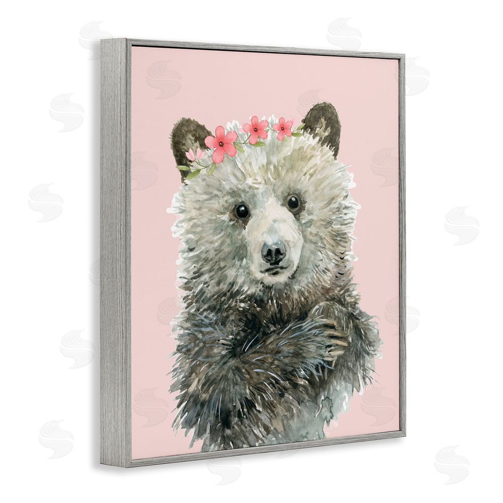 Carol Robinson Fuzzy Bear with Floral Crown Gray Framed Giclee Wall Art Print