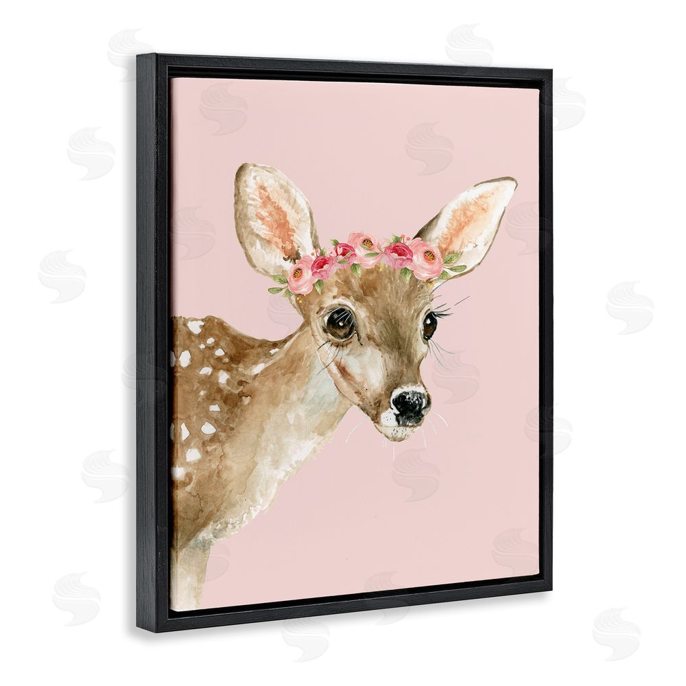 Carol Robinson Baby Deer Flower Crown Black Floating Frame Canvas Wall Art Print