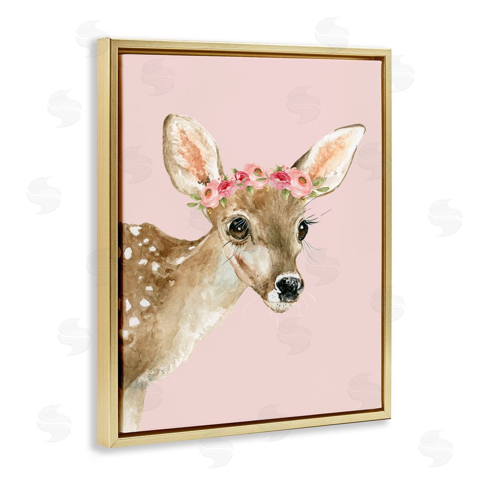 Carol Robinson Baby Deer Flower Crown Gold Floating Frame Canvas Wall Art Print