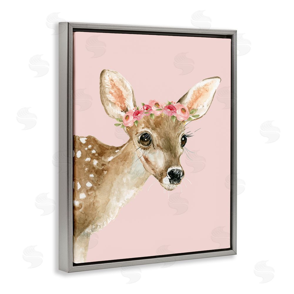 Carol Robinson Baby Deer Flower Crown Grey Floating Frame Canvas Wall Art Print