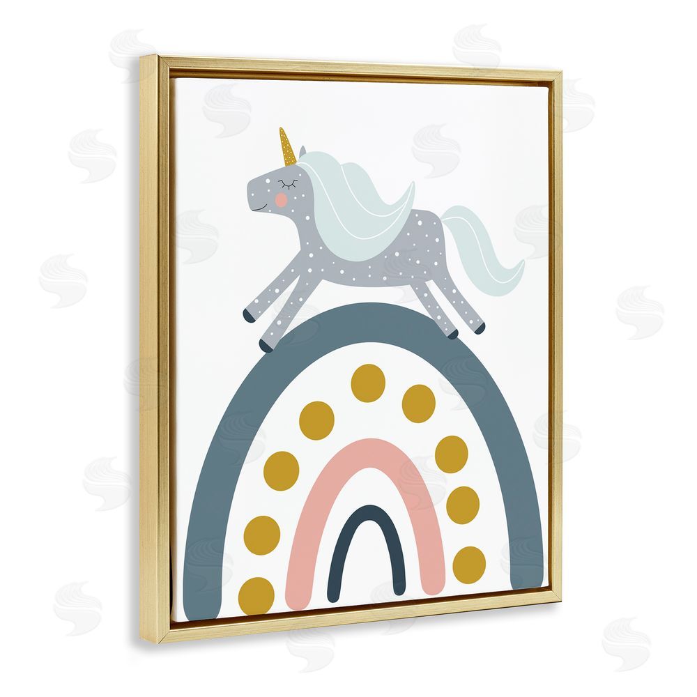 Alina Sagirova Neutral Unicorn over Rainbow Gold Floating Frame Canvas Wall Art Print