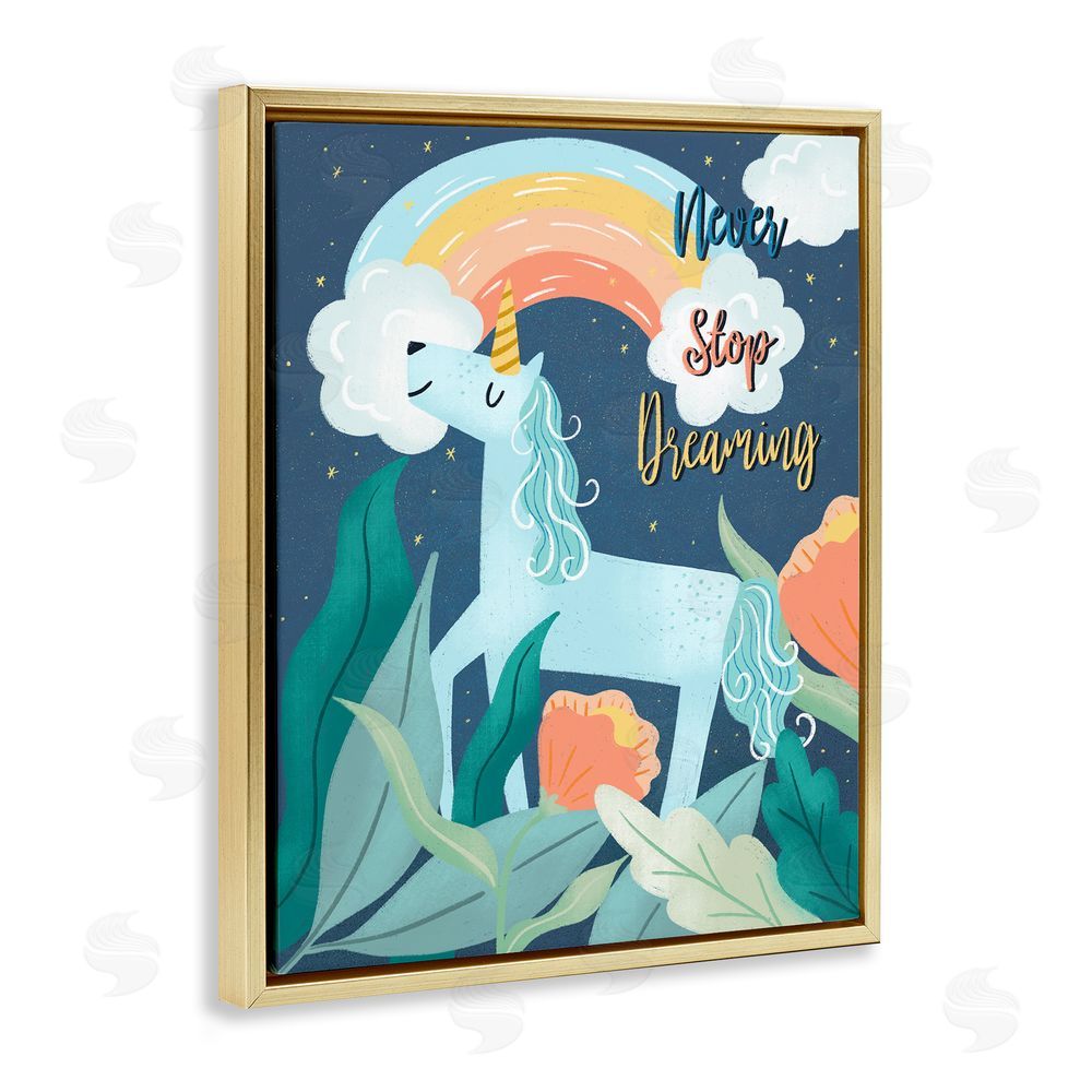 Dominika Godette Never Stop Dreaming Unicorn Gold Floating Frame Canvas Wall Art Print