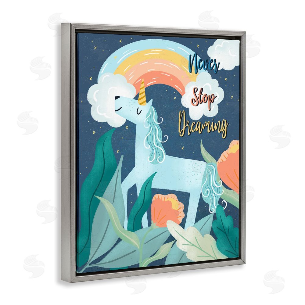 Dominika Godette Never Stop Dreaming Unicorn Grey Floating Frame Canvas Wall Art Print