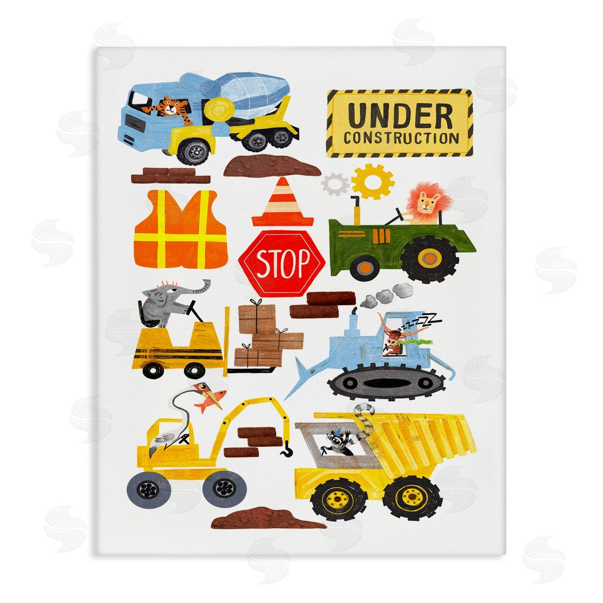 Juliet Rose Philips Construction Vehicles & Animals Stretched Canvas Wall Art Print