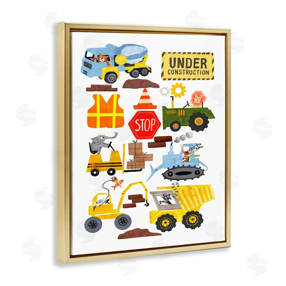 Juliet Rose Philips Construction Vehicles & Animals Gold Floating Frame Canvas Wall Art Print