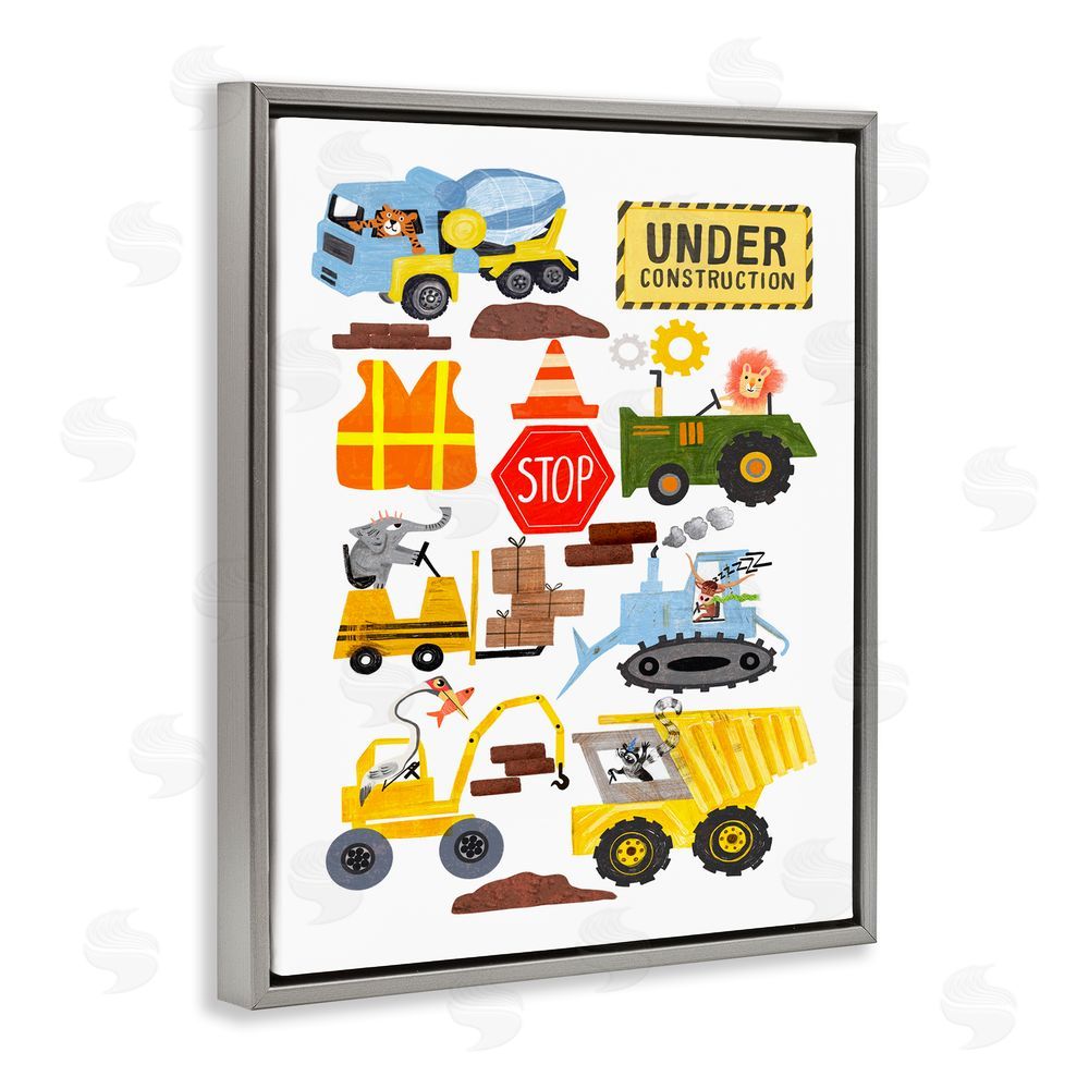 Juliet Rose Philips Construction Vehicles & Animals Grey Floating Frame Canvas Wall Art Print