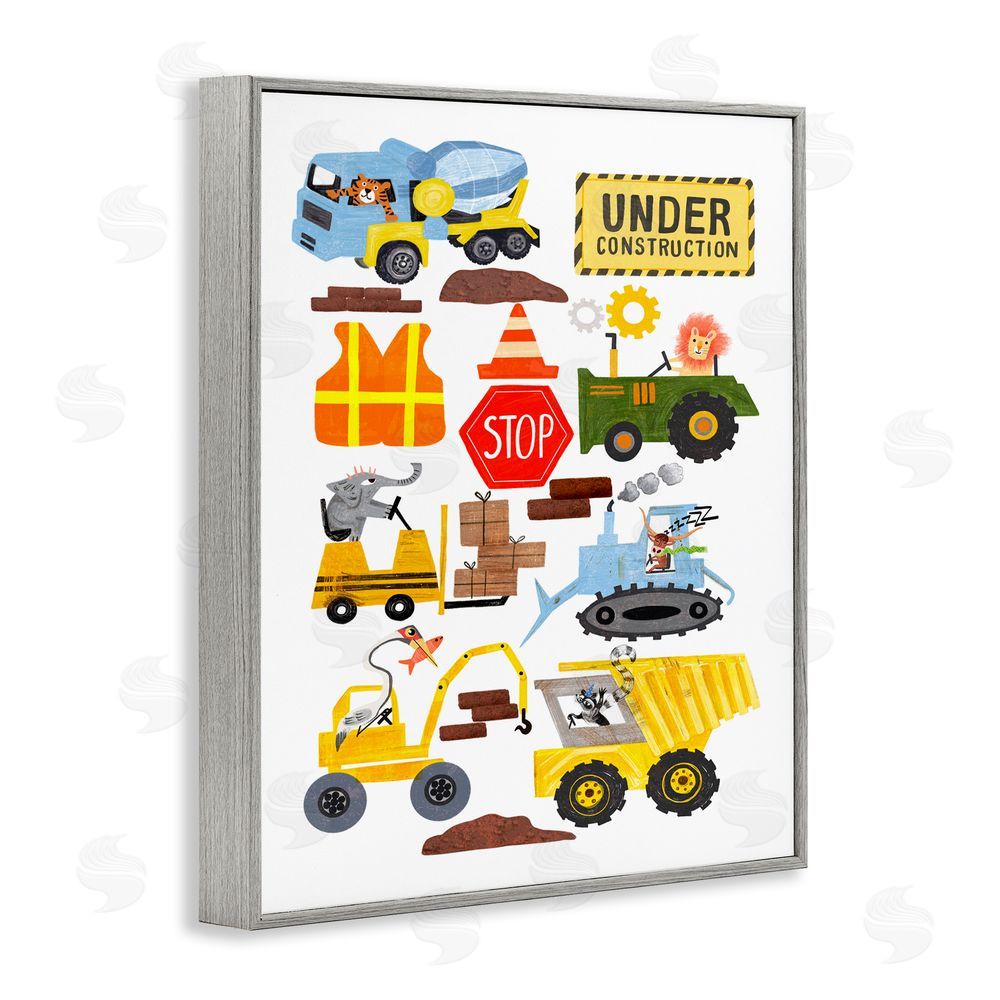 Juliet Rose Philips Construction Vehicles & Animals Gray Framed Giclee Wall Art Print