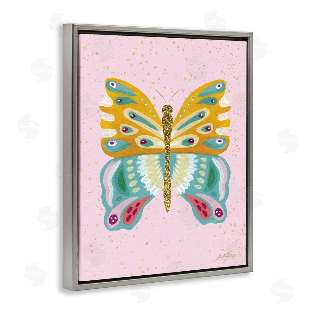 Kelley Talent Glitzy Butterfly on Pink Grey Floating Frame Canvas Wall Art Print