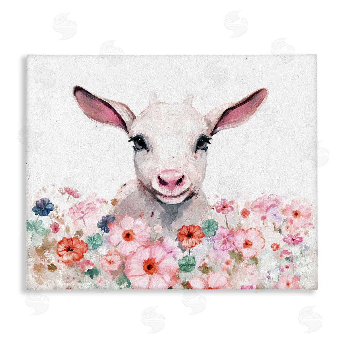 Ziwei Li Baby Sheep & Pink Flowers Stretched Canvas Wall Art Print