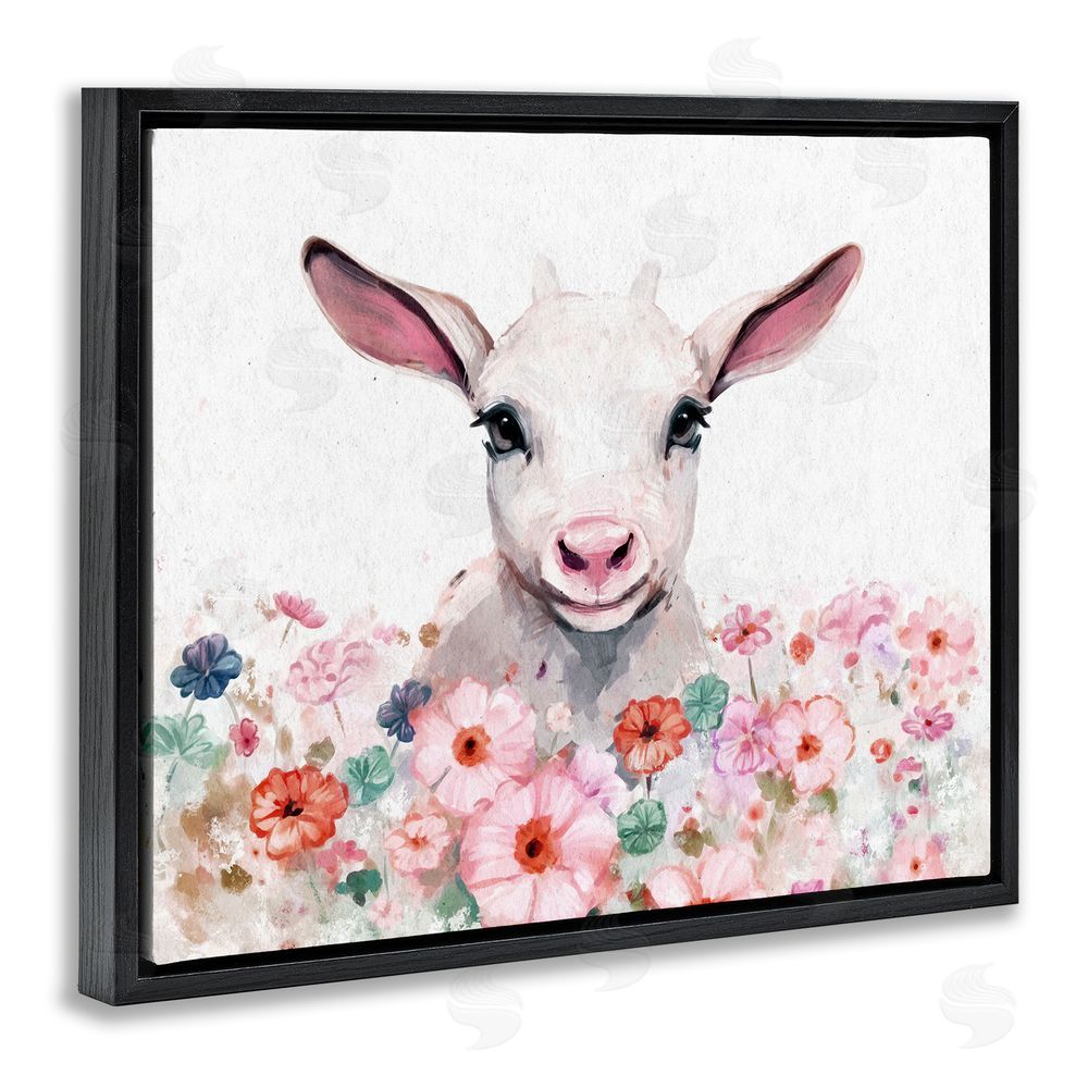 Ziwei Li Baby Sheep & Pink Flowers Black Floating Frame Canvas Wall Art Print