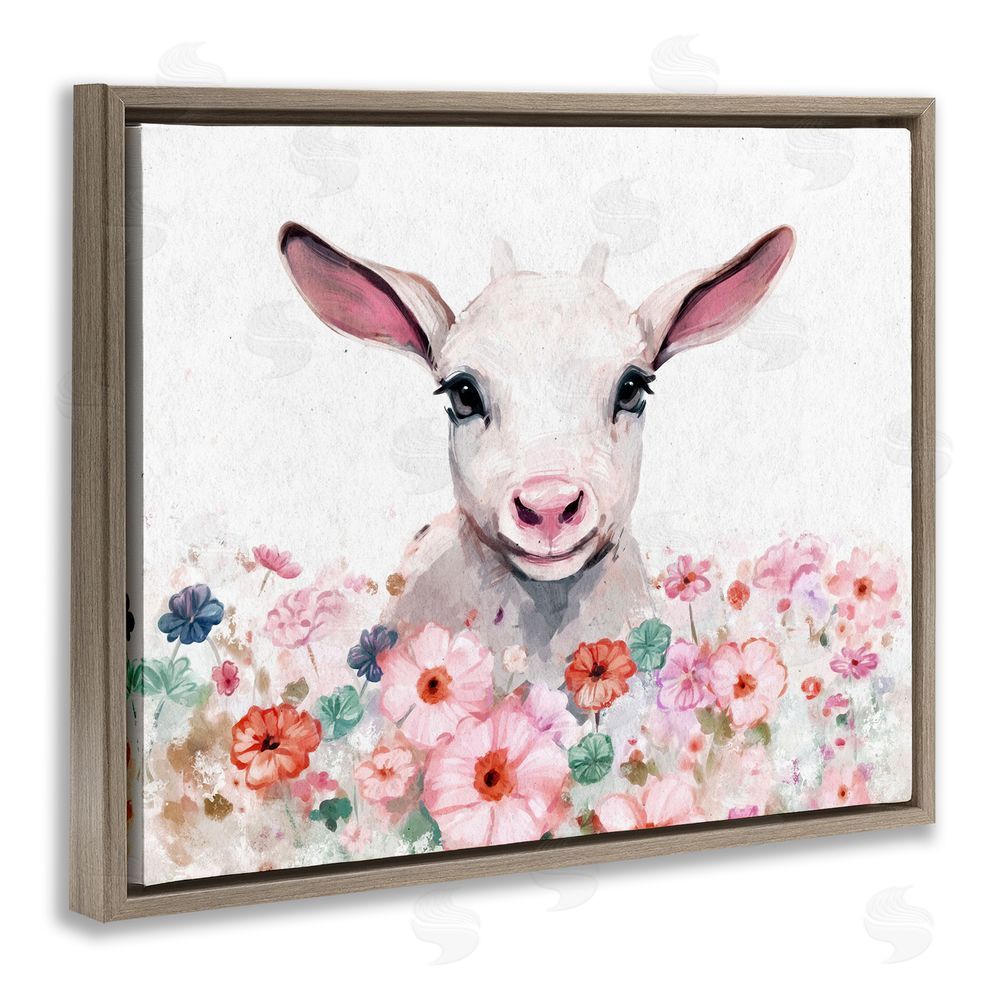 Ziwei Li Baby Sheep & Pink Flowers Brown Floating Frame Canvas Wall Art Print