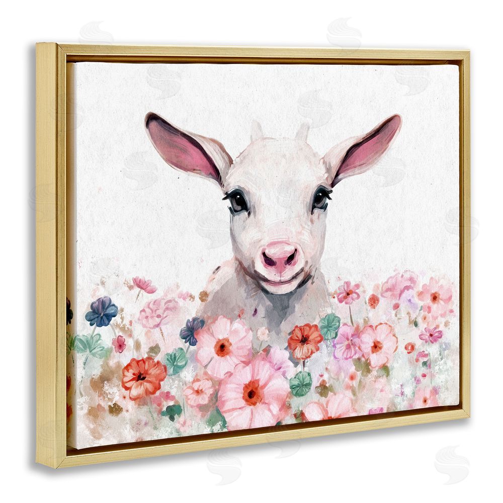 Ziwei Li Baby Sheep & Pink Flowers Gold Floating Frame Canvas Wall Art Print