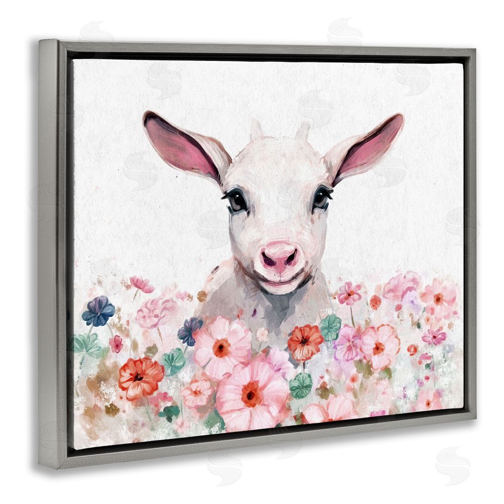 Ziwei Li Baby Sheep & Pink Flowers Grey Floating Frame Canvas Wall Art Print