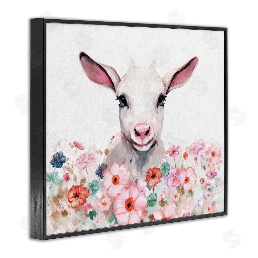 Ziwei Li Baby Sheep & Pink Flowers Black Framed Giclee Wall Art Print