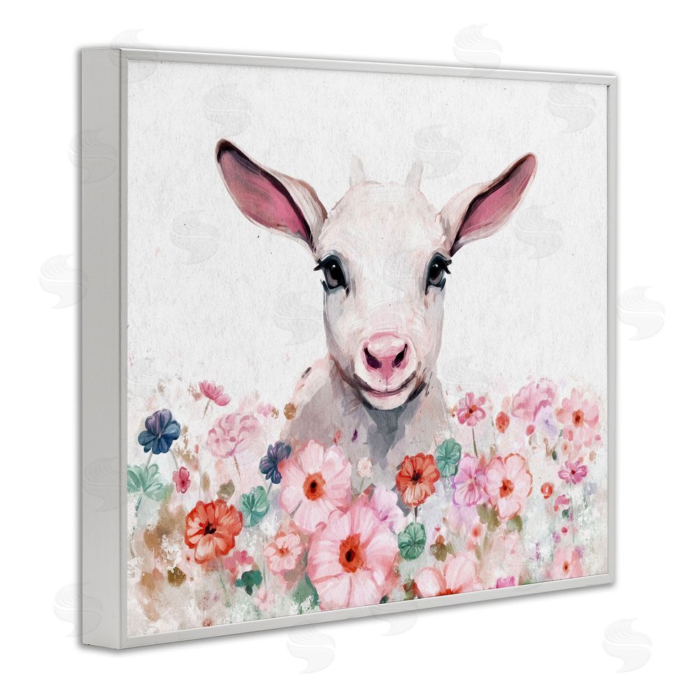 Ziwei Li Baby Sheep & Pink Flowers White Framed Giclee Wall Art Print