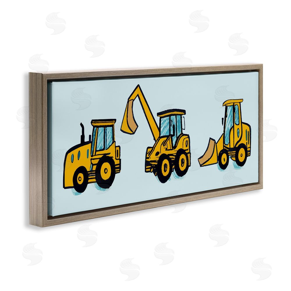 Stupell Studio Bulldozers on Blue Brown Floating Frame Canvas Wall Art Print