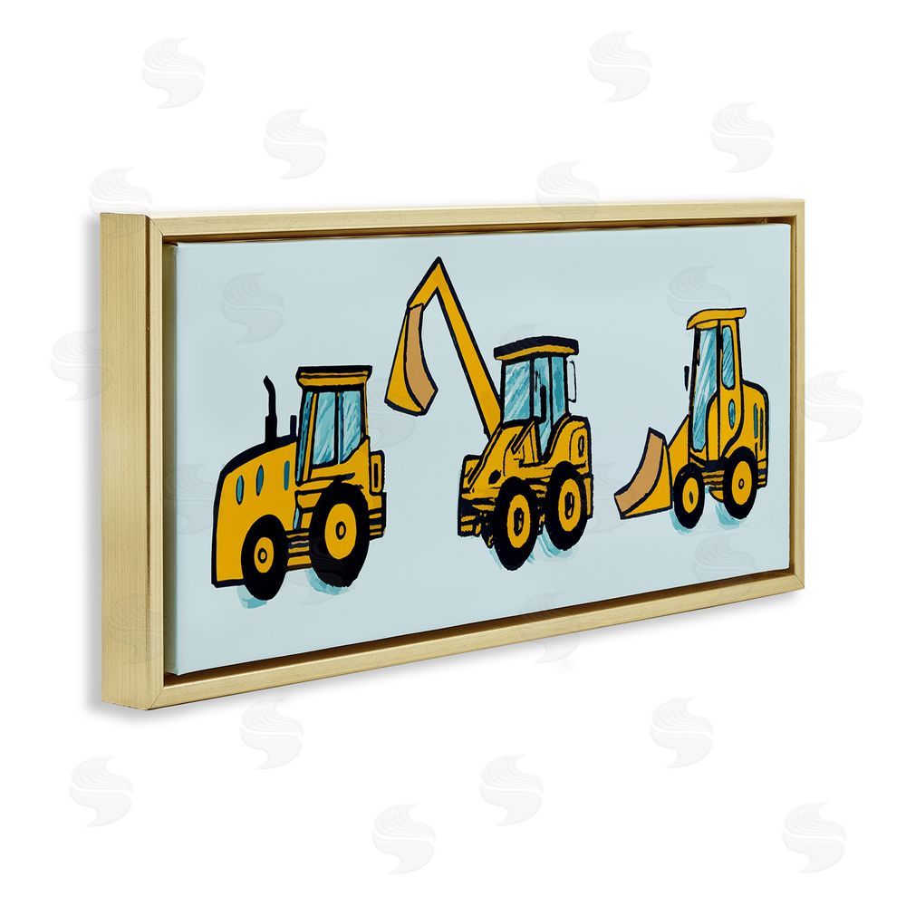 Stupell Studio Bulldozers on Blue Gold Floating Frame Canvas Wall Art Print
