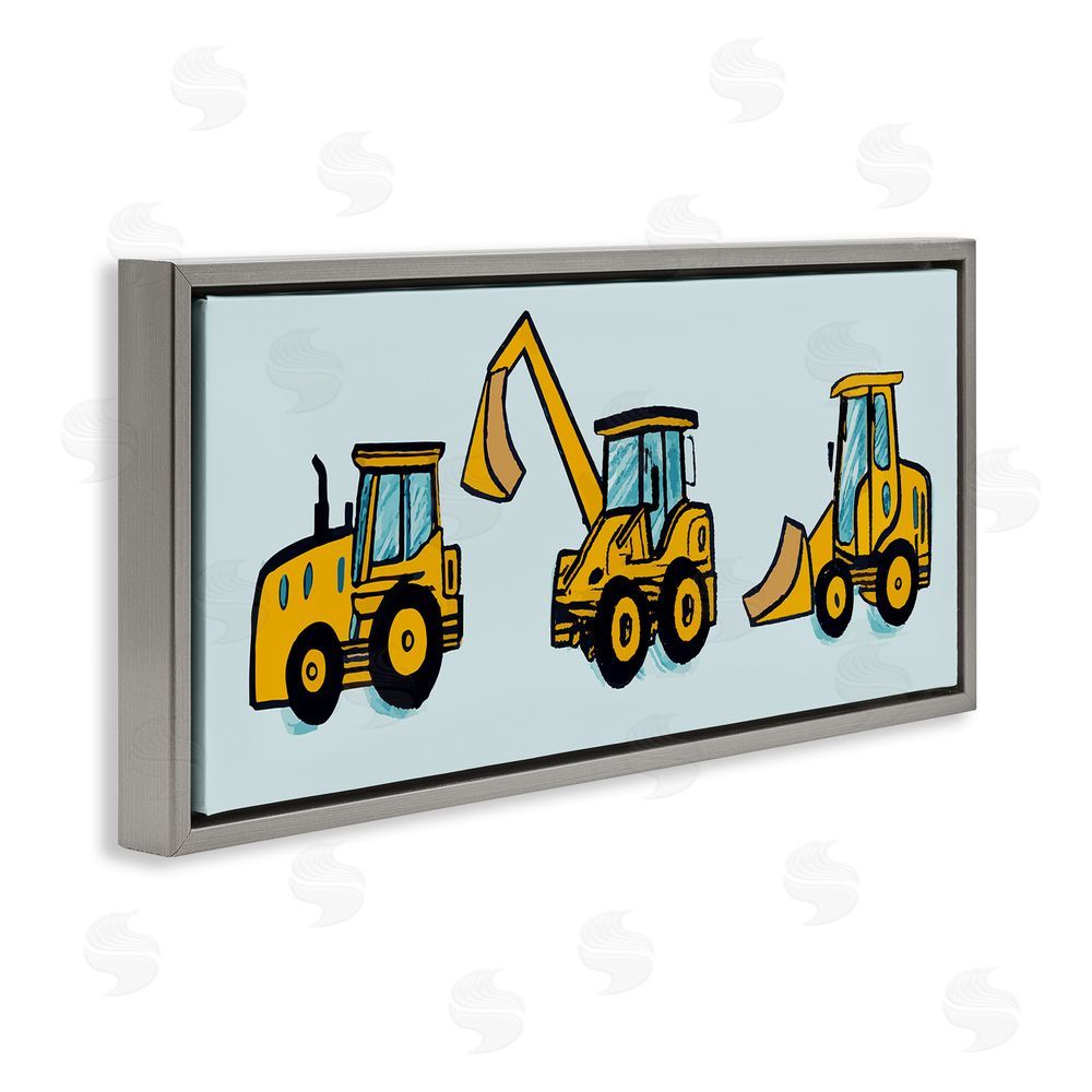 Stupell Studio Bulldozers on Blue Grey Floating Frame Canvas Wall Art Print