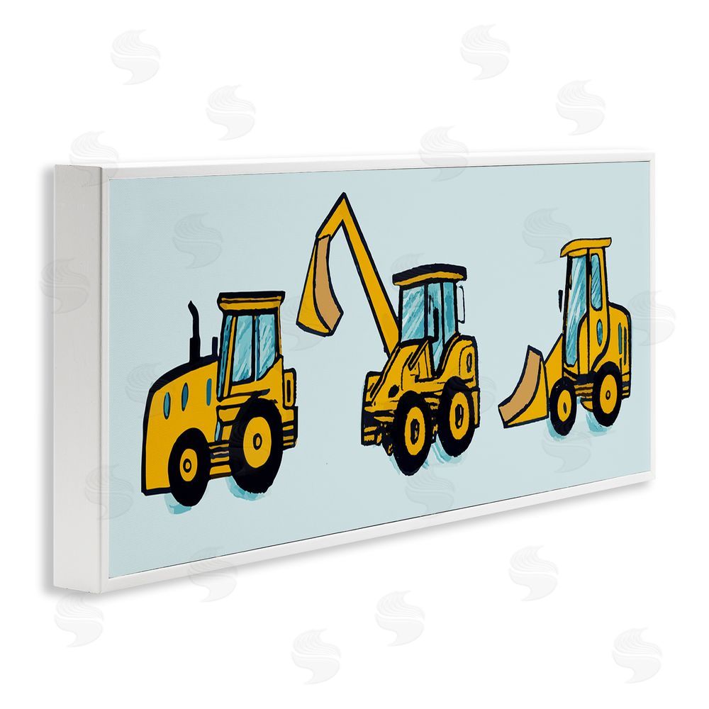 Stupell Studio Bulldozers on Blue White Framed Giclee Wall Art Print