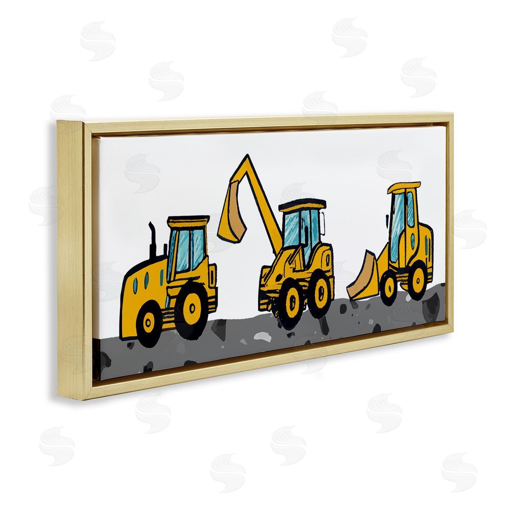 Stupell Studio Construction Bulldozers Trio Gold Floating Frame Canvas Wall Art Print