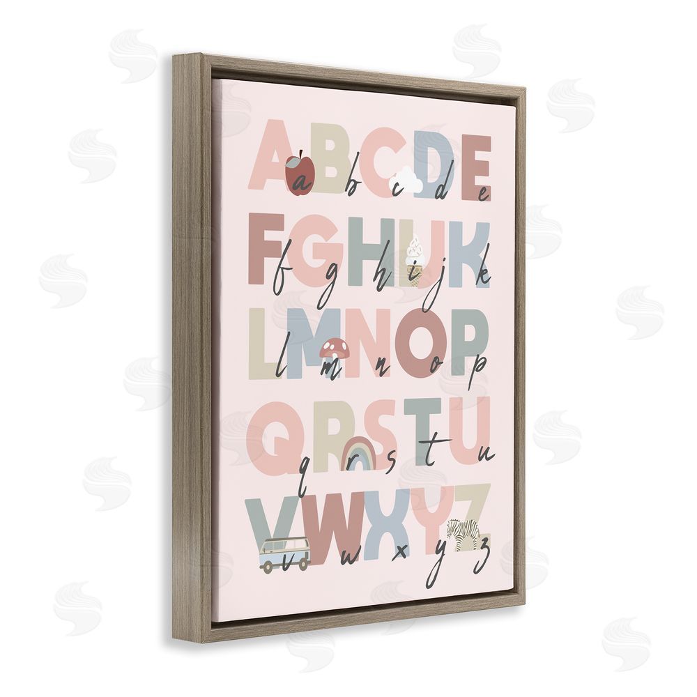 Stupell Studio Pink Pastel Alphabet Chart Brown Floating Frame Canvas Wall Art Print