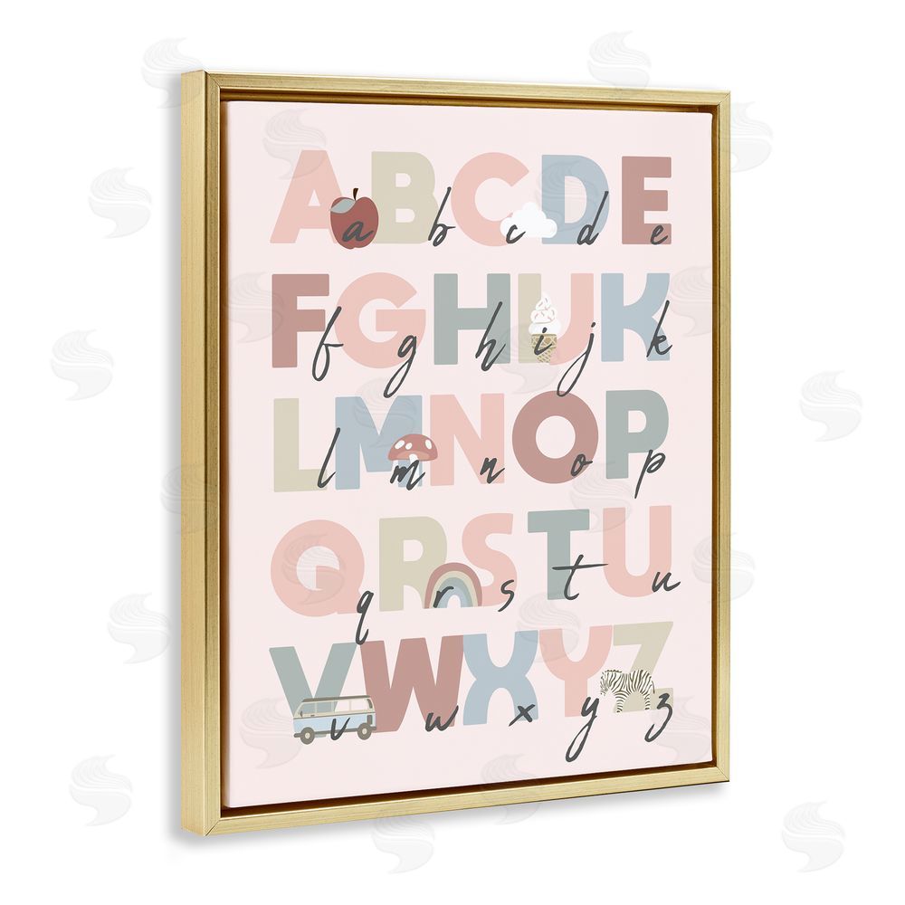 Stupell Studio Pink Pastel Alphabet Chart Gold Floating Frame Canvas Wall Art Print