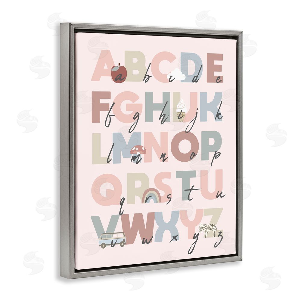 Stupell Studio Pink Pastel Alphabet Chart Grey Floating Frame Canvas Wall Art Print
