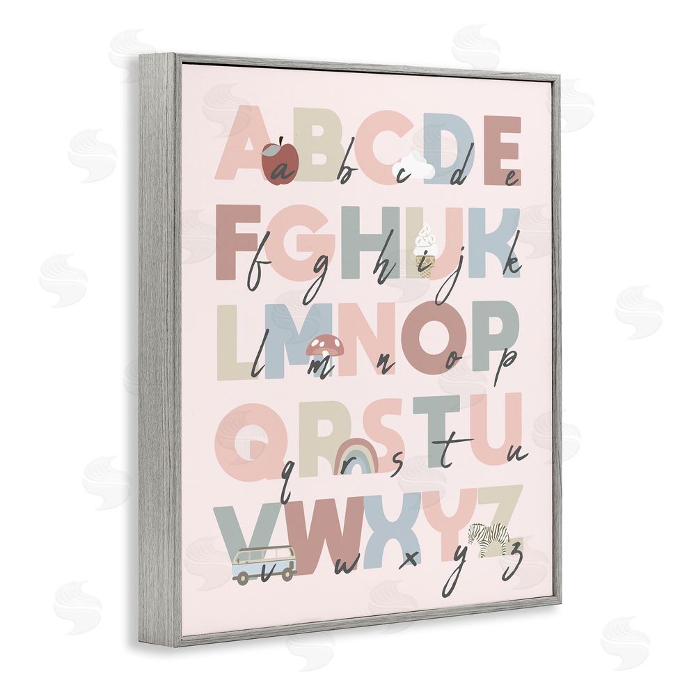 Stupell Studio Pink Pastel Alphabet Chart Gray Framed Giclee Wall Art Print