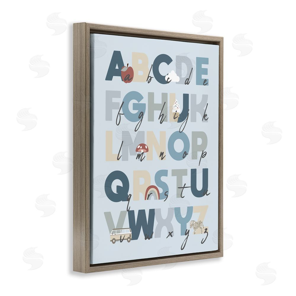 Stupell Studio Soft Blue Alphabet Chart Brown Floating Frame Canvas Wall Art Print