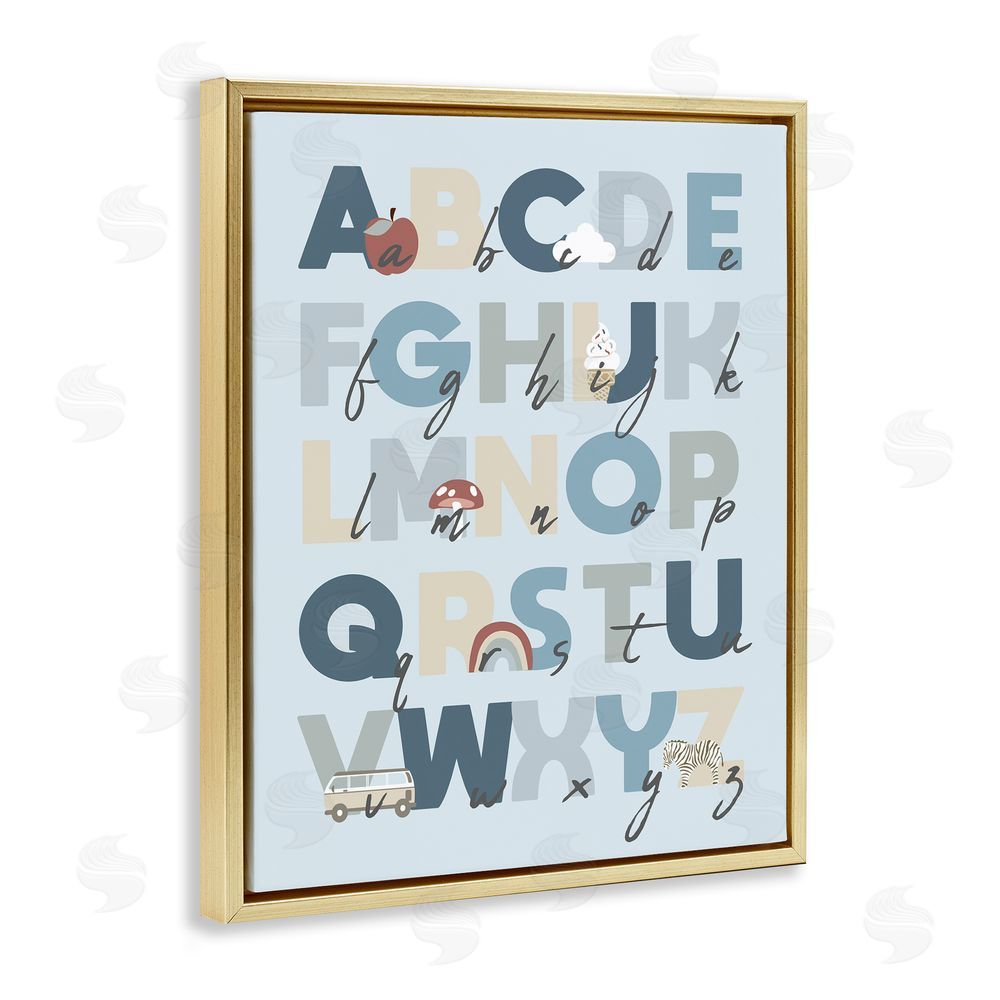 Stupell Studio Soft Blue Alphabet Chart Gold Floating Frame Canvas Wall Art Print