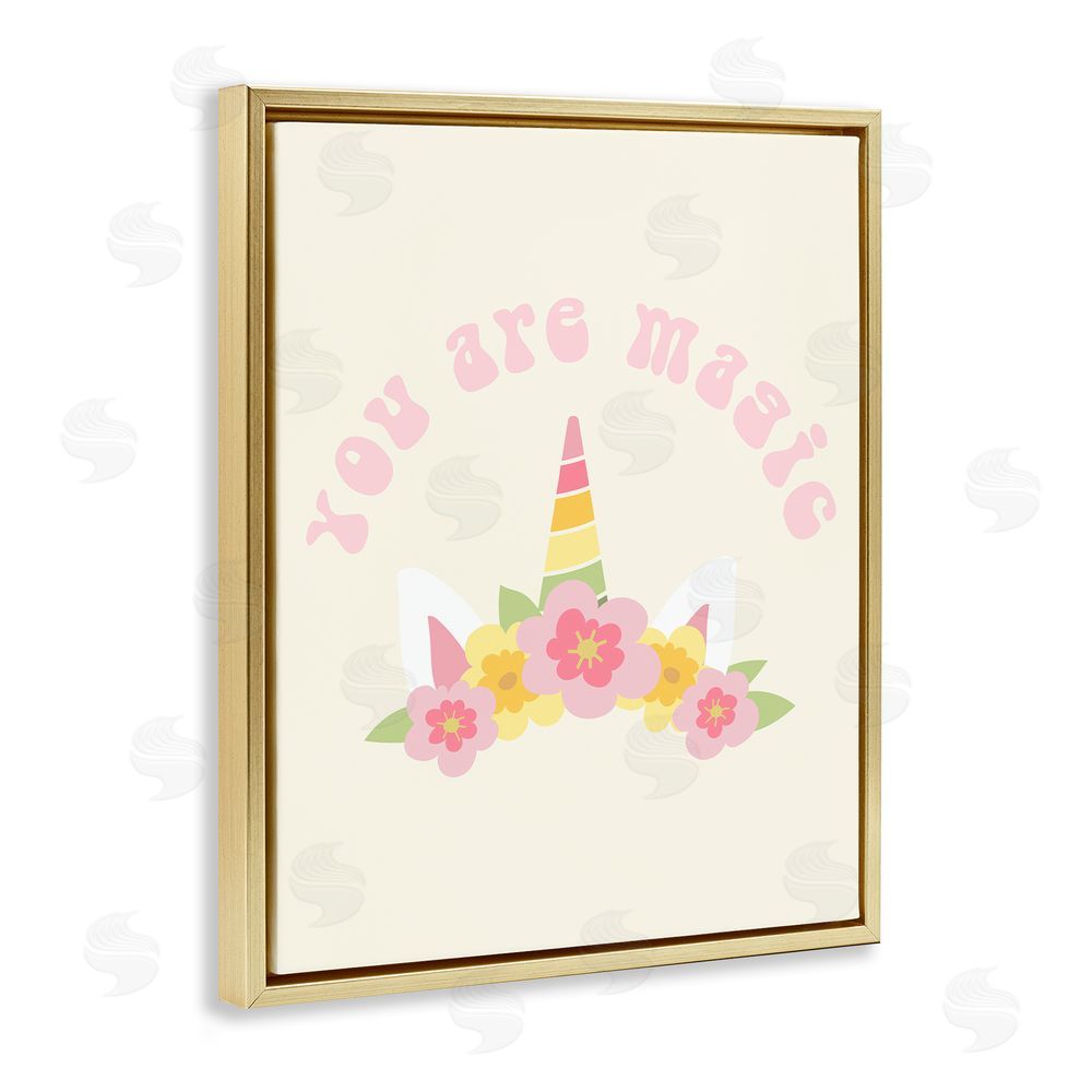 Stupell Studio Retro Magic Unicorn Phrase Gold Floating Frame Canvas Wall Art Print