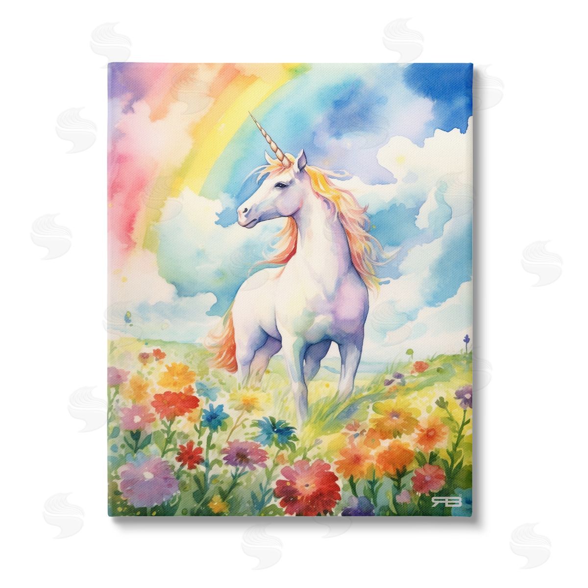 RB Unicorn in Rainbow Meadow Stretched Canvas Wall Art Print