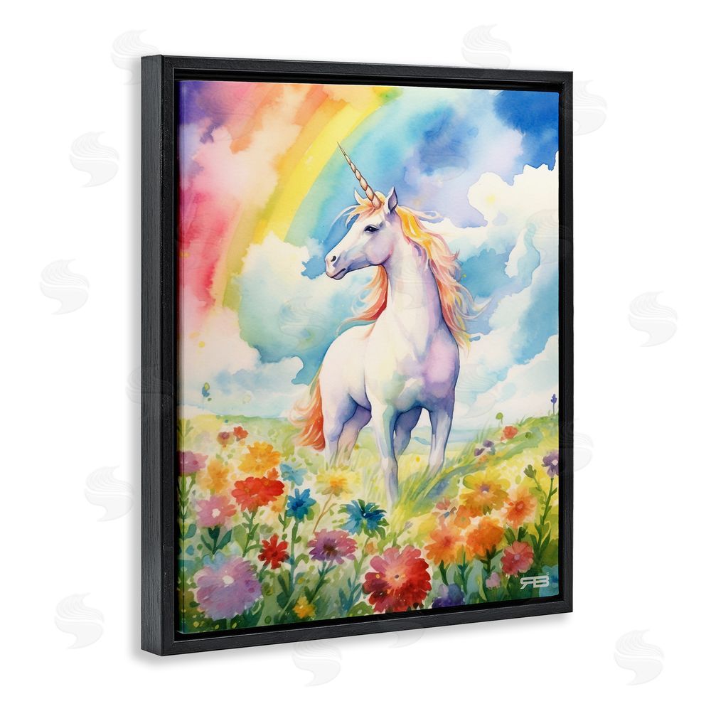RB Unicorn in Rainbow Meadow Black Floating Frame Canvas Wall Art Print