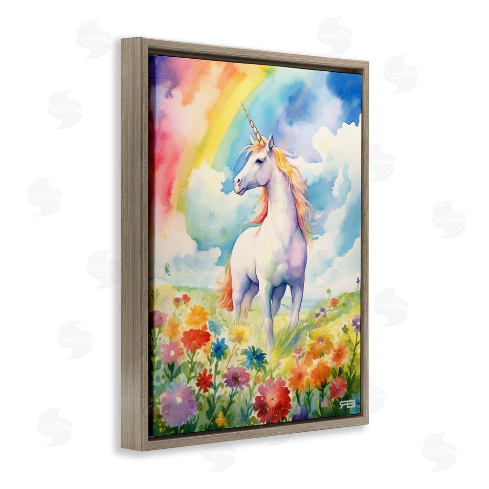 RB Unicorn in Rainbow Meadow Brown Floating Frame Canvas Wall Art Print