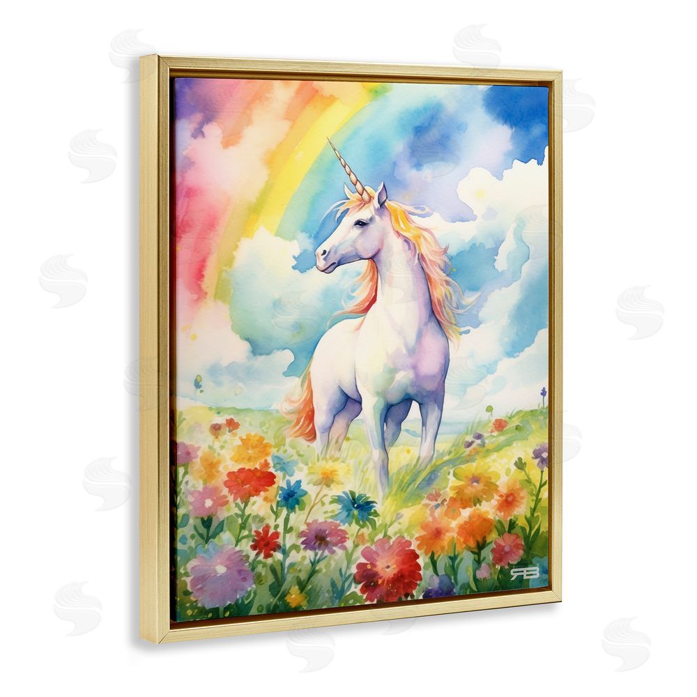 RB Unicorn in Rainbow Meadow Gold Floating Frame Canvas Wall Art Print