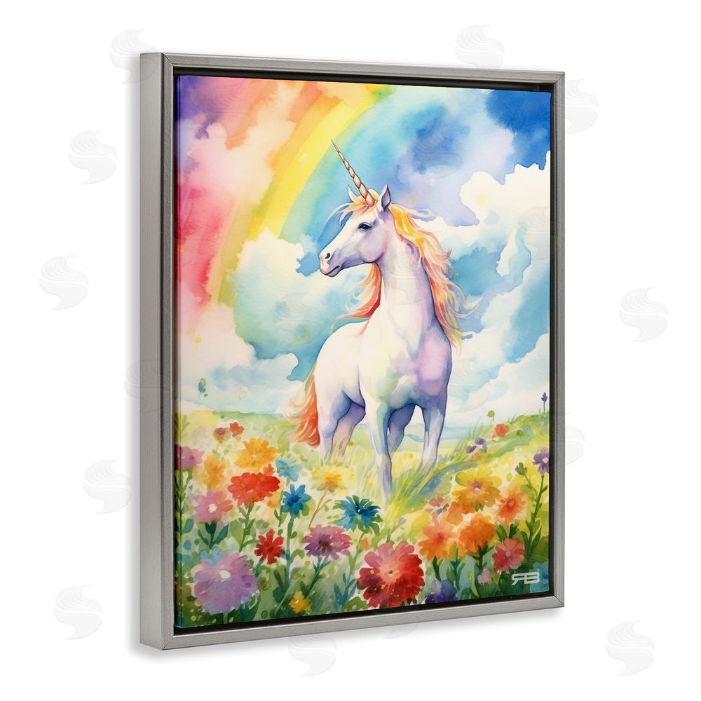RB Unicorn in Rainbow Meadow Grey Floating Frame Canvas Wall Art Print