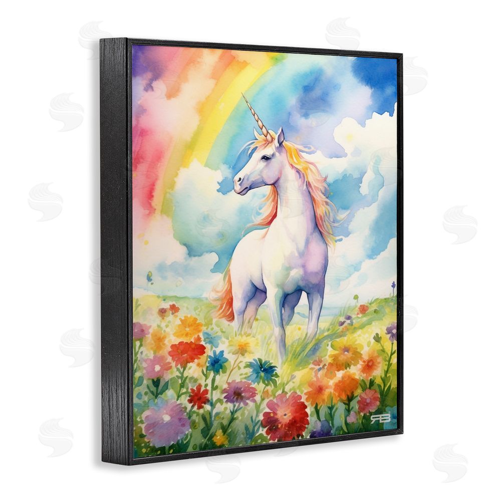 RB Unicorn in Rainbow Meadow Black Framed Giclee Wall Art Print