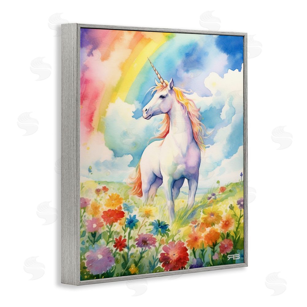 RB Unicorn in Rainbow Meadow Gray Framed Giclee Wall Art Print