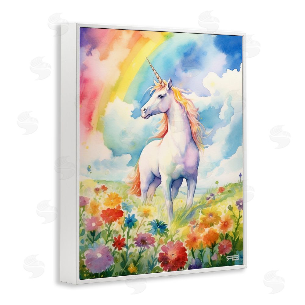 RB Unicorn in Rainbow Meadow White Framed Giclee Wall Art Print