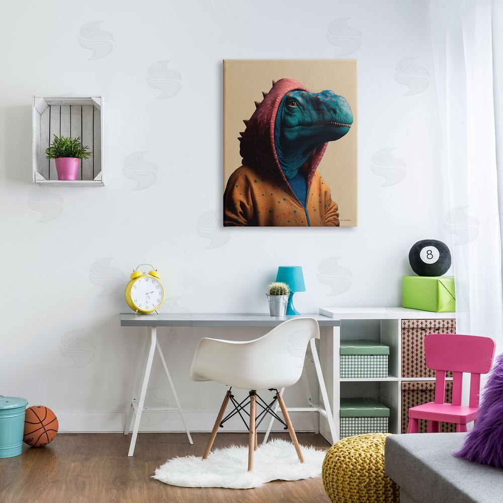 Seven Trees Design Fun T-Rex in Hoodie Canvas Wall Art Print in Room