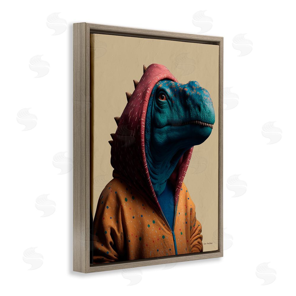 Seven Trees Design Fun T-Rex in Hoodie Brown Floating Frame Canvas Wall Art Print
