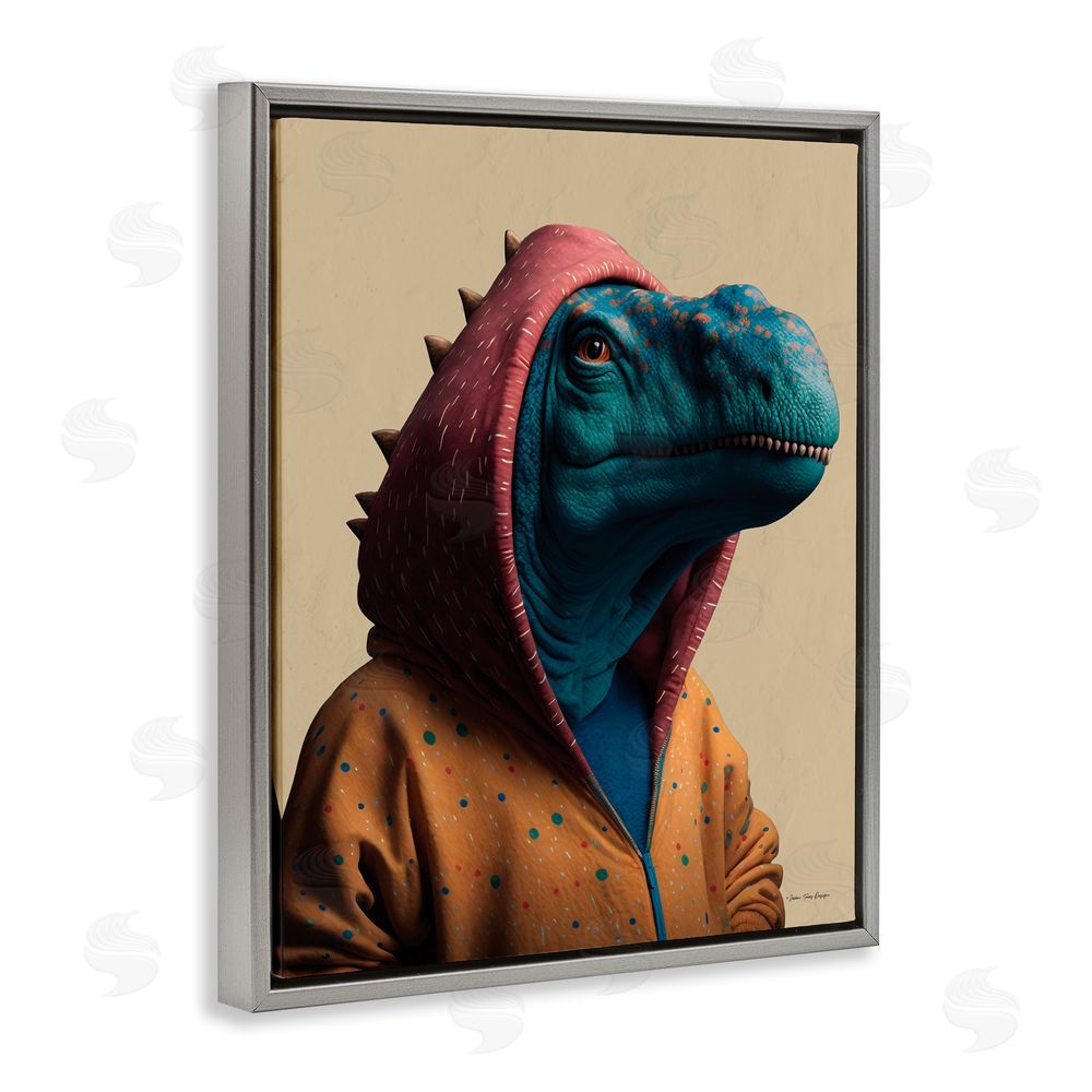 Seven Trees Design Fun T-Rex in Hoodie Grey Floating Frame Canvas Wall Art Print