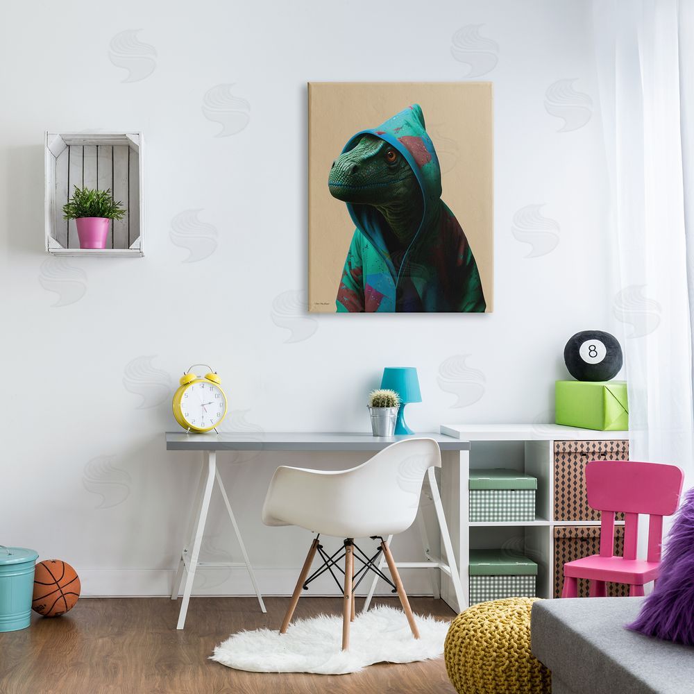 Seven Trees Design Dinosaur in Stylish Hoodie Canvas Wall Art Print in Room