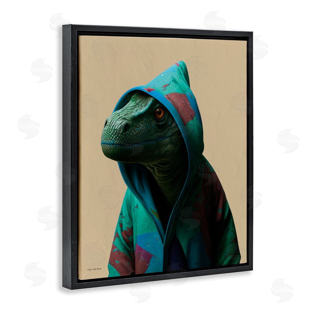 Seven Trees Design Dinosaur in Stylish Hoodie Black Floating Frame Canvas Wall Art Print